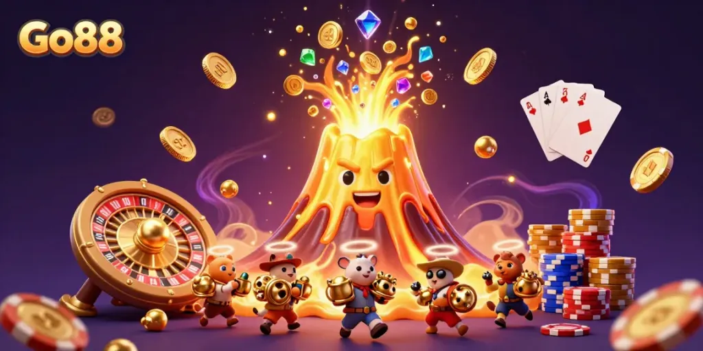 Go88 invites players to experience the excitement of gaming with cascading treasures and vibrant casino elements.