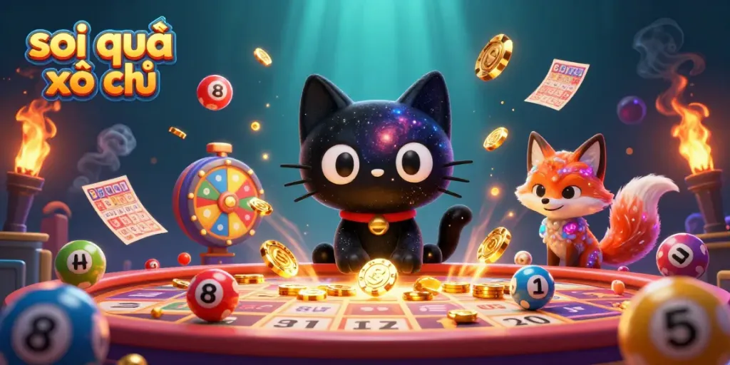 Engage with soi cầu xổ số through an interactive lottery scene featuring playful characters and vibrant elements.