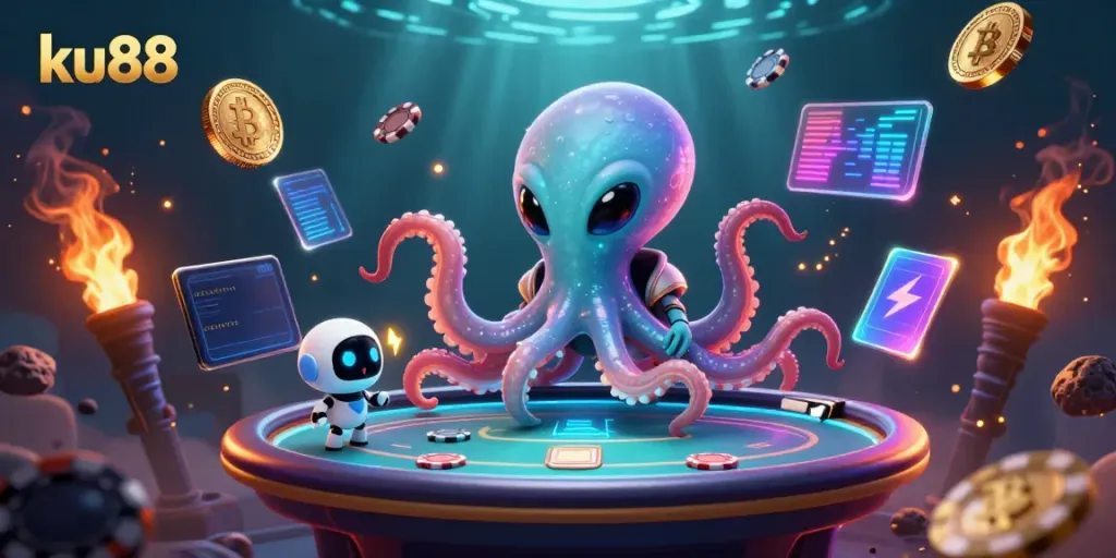 Bet and win with ku88 in a vibrant 3D alien-themed poker scene.