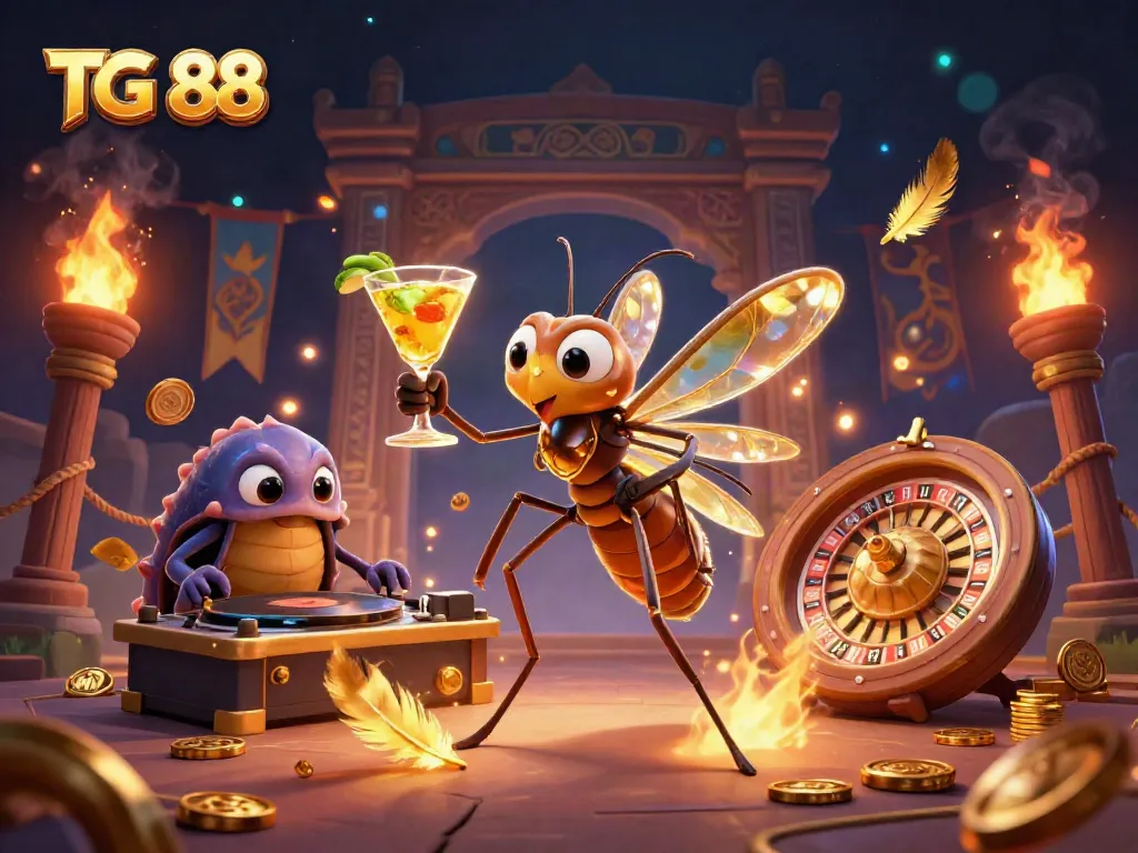 Experience the thrilling atmosphere of TG 88 with our vibrant casino mascot, golden cocktail, and fossil-themed DJ scene.