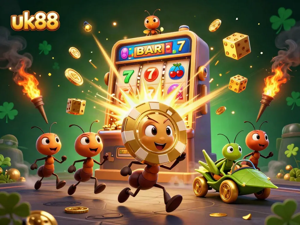 uk88 players strategizing with golden poker chips and jackpots in a vibrant 3D casino scene.