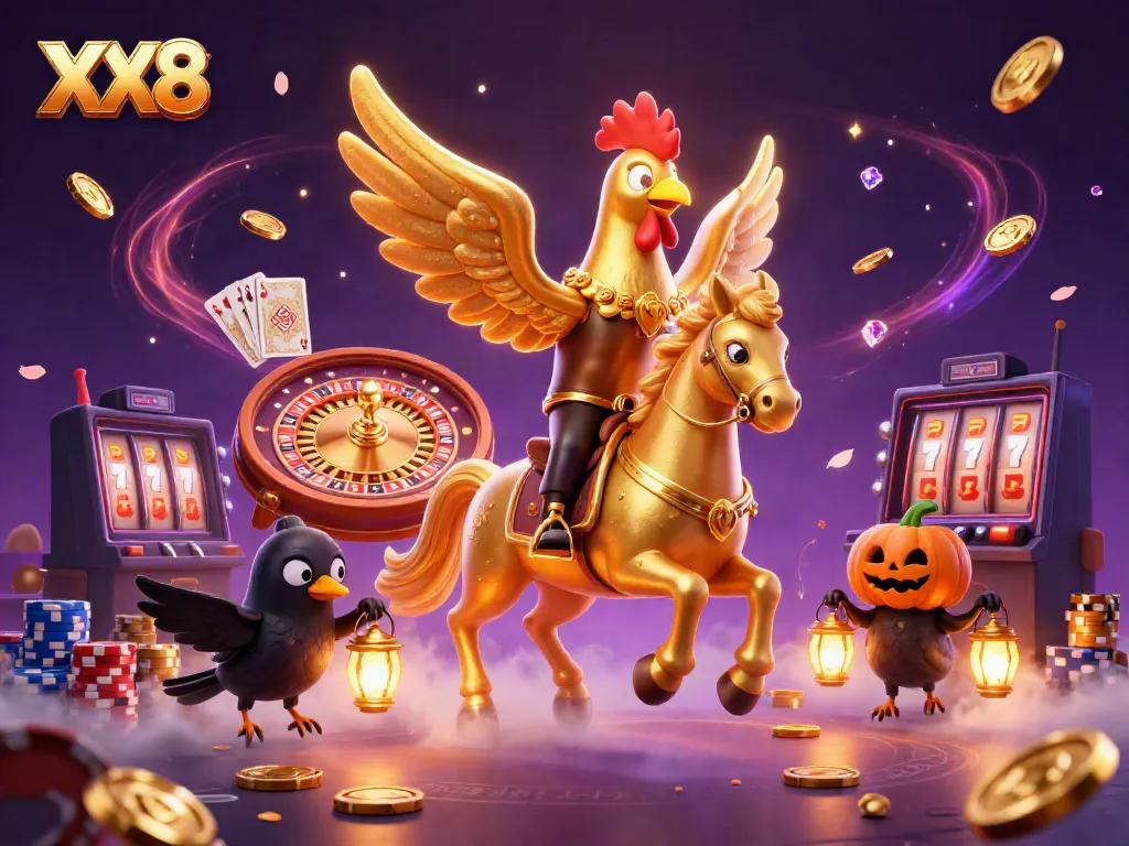 Experience the magic of XX8 as a golden rooster dominates a casino scene full of vibrant gaming elements.