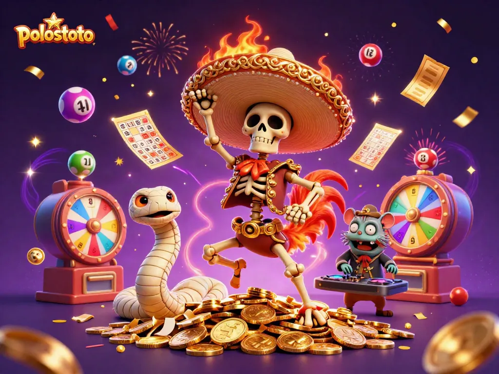 Experience the excitement of Polostoto with animated characters celebrating on a jackpot of coins.