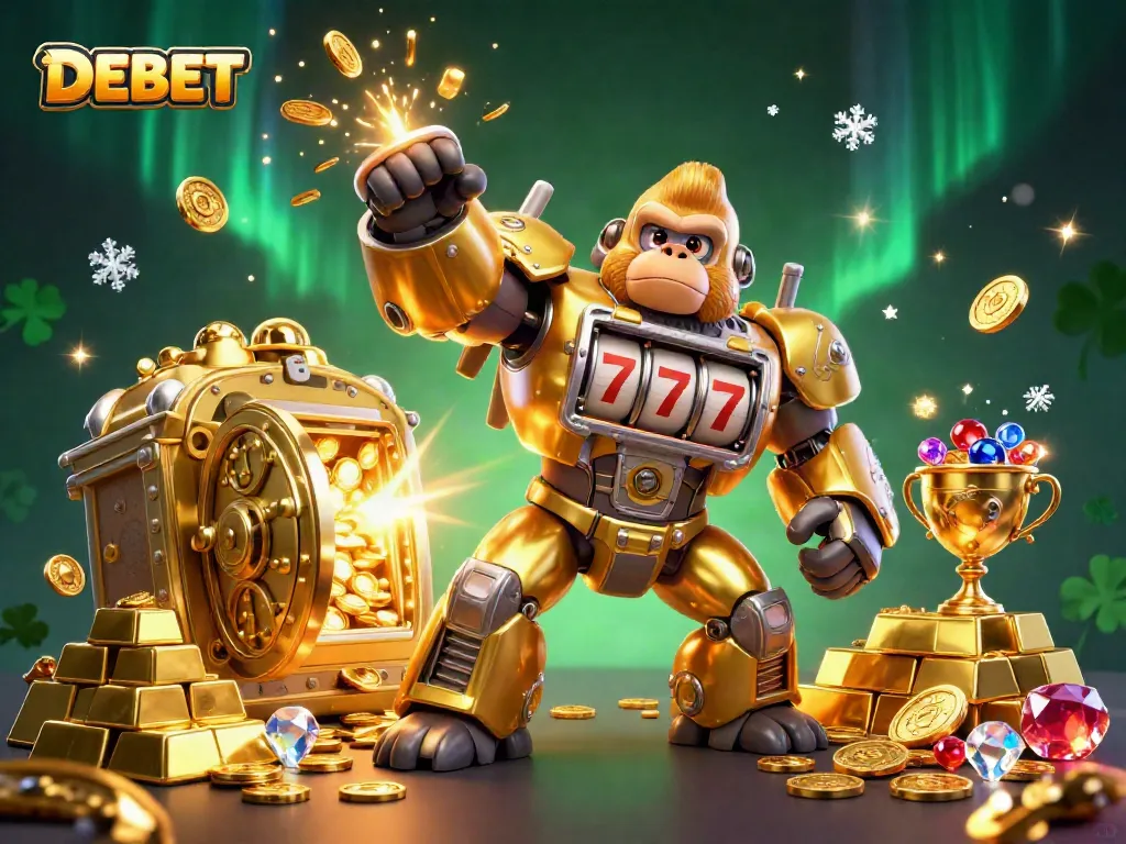 Engage with DEBET's exciting online casino experience featuring a powerful golden gorilla mech surrounded by treasures.