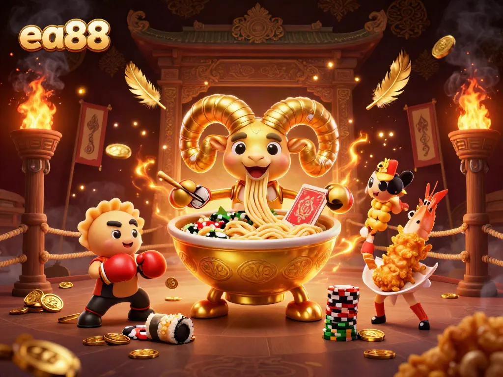 Engage with the vibrant scene featuring ea88 where a golden ramen bowl character deals cards amidst a dynamic casino setting.