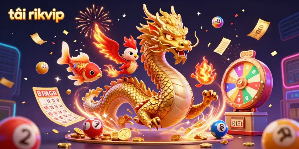 Experience the thrill of tải rikvip with a golden dragon, phoenix, and koi fish amid dynamic casino elements.