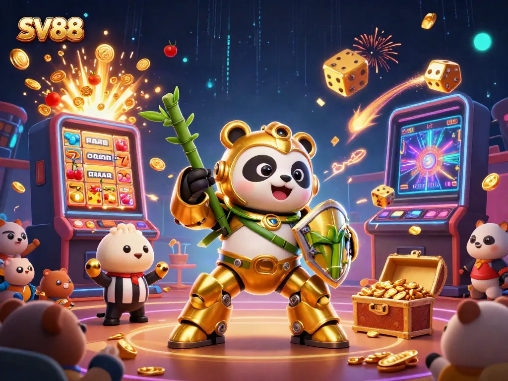 Engage with the immersive SV88 casino experience featuring a dynamic panda mech in a vibrant gaming arena.