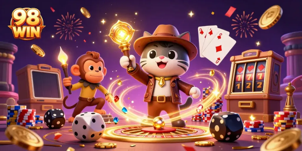 Engage with 98 WIN and uncover treasures in this vibrant casino-themed illustration.