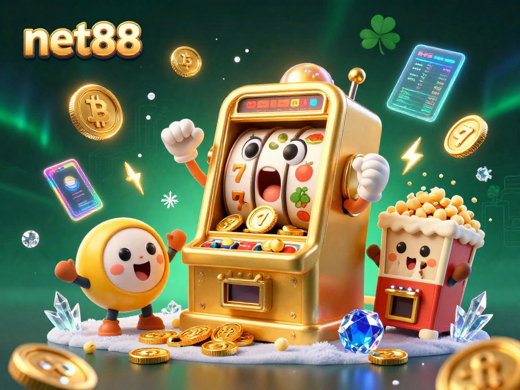 Experience the thrill of winning at net88 with animated slot machines and crypto symbols in a dynamic, vibrant scene.
