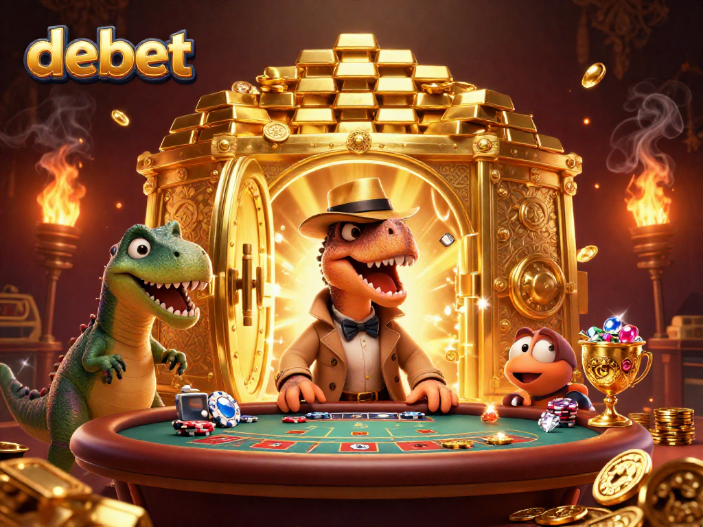 Engage in thrilling gambling strategies at debet, featuring a velociraptor card counter at a vibrant blackjack table.