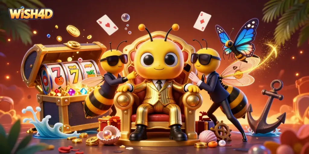 WISH4D features a dynamic 3D scene of a mob boss, wasp bodyguards, and slot reels, embodying thrilling casino action.