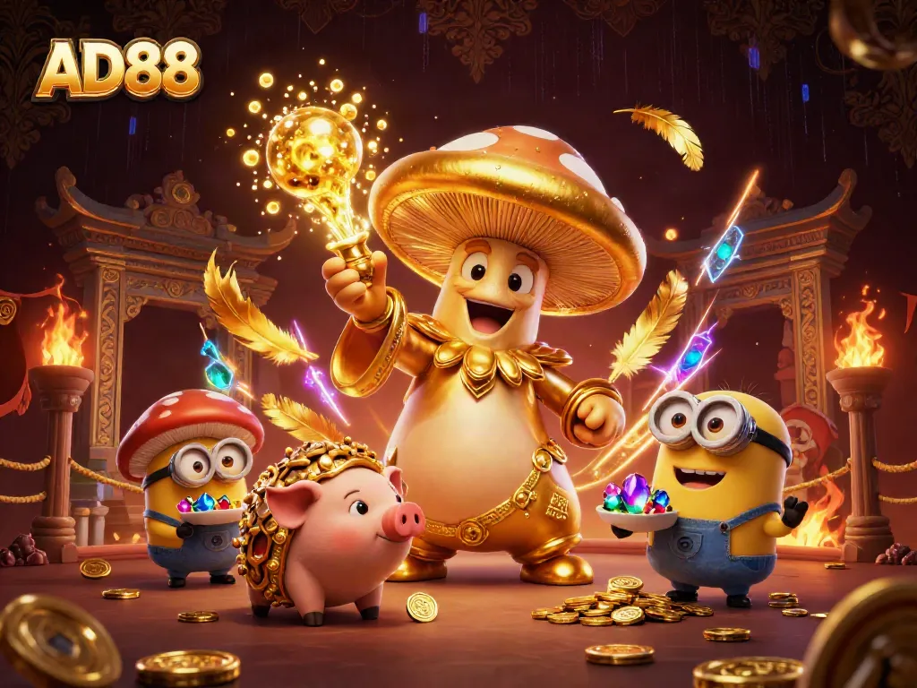 Enchanting AD88 scene with wizard and treasures showcases gambling excitement.