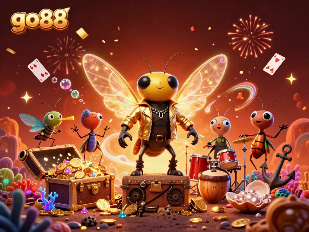 Experience the excitement of go88 with a dynamic casino-themed scene featuring a rock star cicada and vibrant game elements.