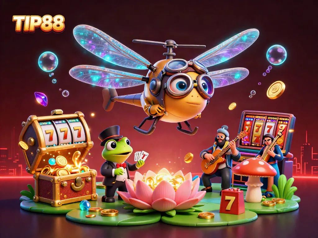 Experience the excitement of TIP88 with vibrant casino adventures featuring a whimsical dragonfly pilot.