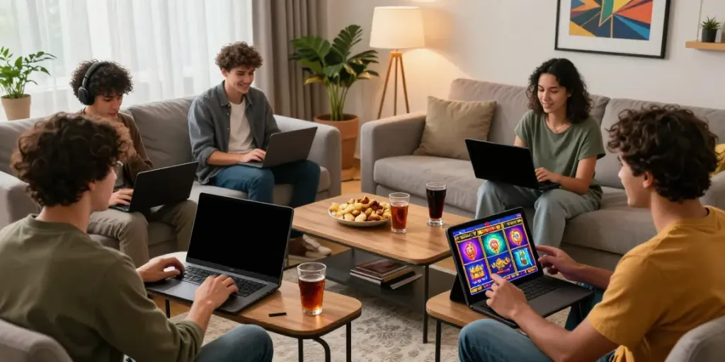 Exciting gaming moment featuring players engaging with Situs gacor slot games on multiple devices in a cozy living room.
