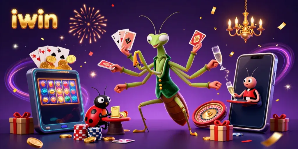 iwin elements create a vibrant casino scene with multiple characters engaging in card games and celebrations.