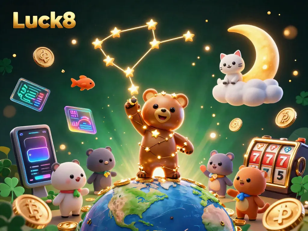 Celebrate big wins at Luck8 with vibrant casino-themed characters and glowing crypto elements in a magical scene.