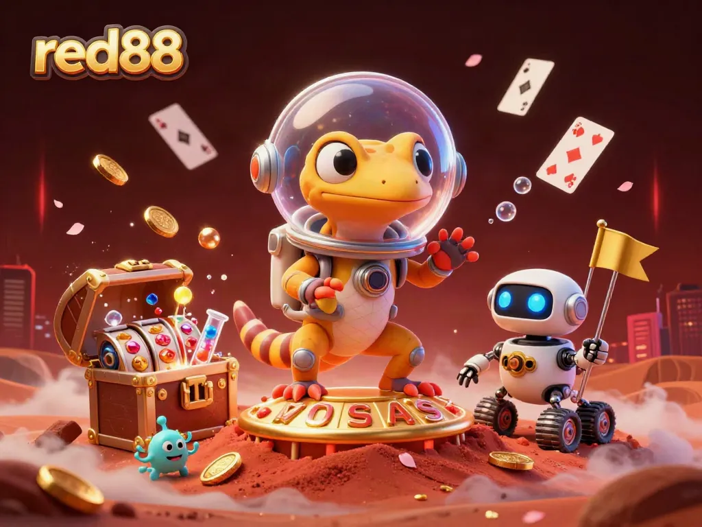 Experience thrilling gameplay with red88 in this vibrant casino-themed illustration featuring a playful Martian gecko.