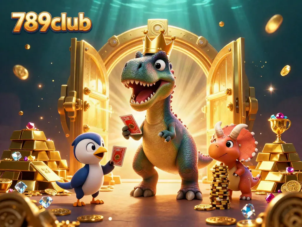 Experience thrilling adventures at 789club with a T-Rex shuffling cards in a vibrant casino scene.