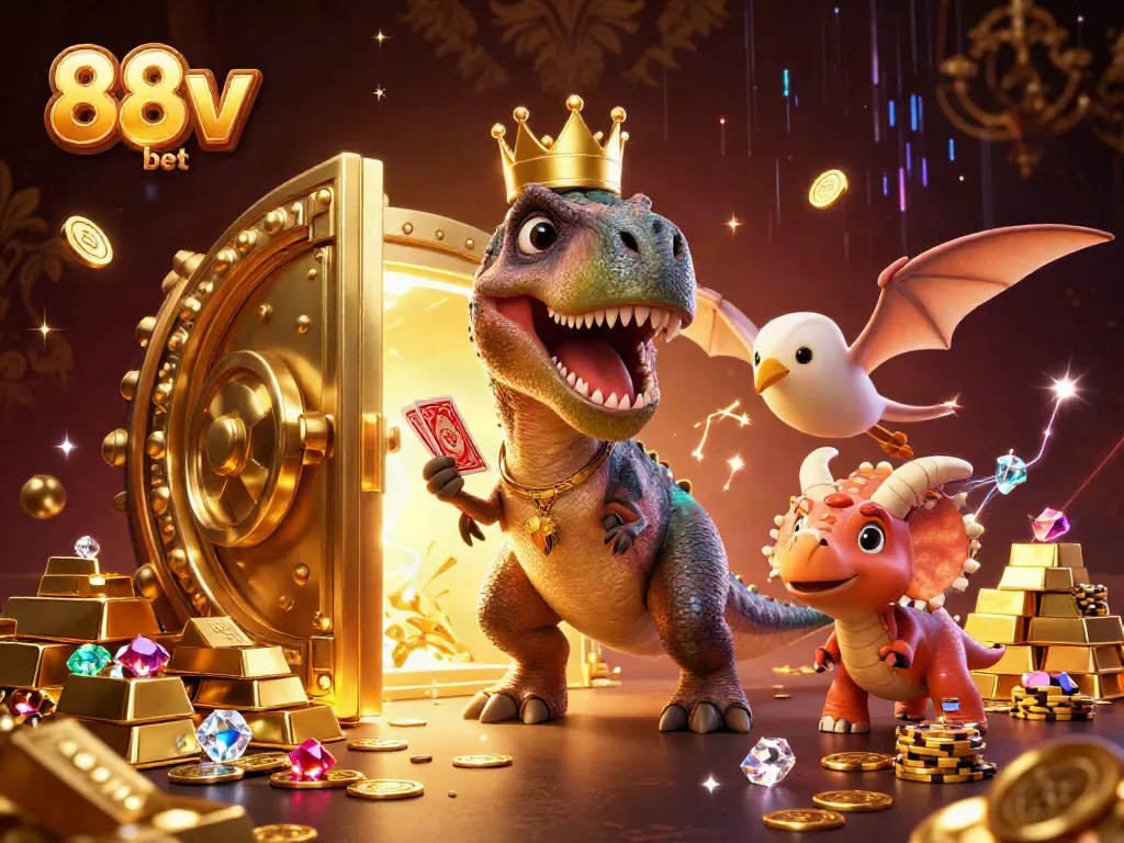 Engage in thrilling action with 88v bet while a T-Rex plays cards and a triceratops stacks chips in a vibrant casino scene.