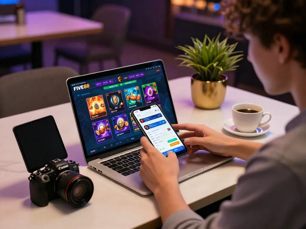 User enjoying FIVE88 online gambling platform on a sleek mobile app, showcasing vibrant game icons.