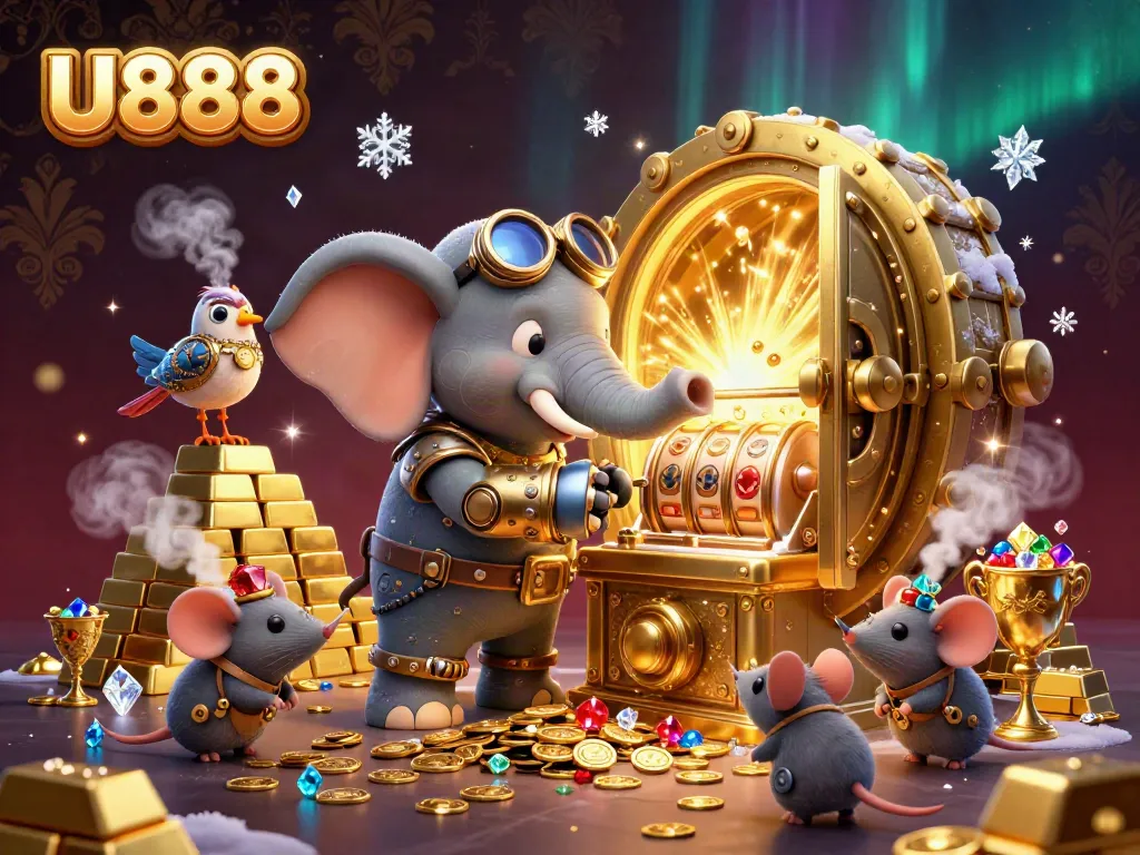 Experience the excitement at U888 with a steampunk elephant operating a golden slot machine amidst treasures.