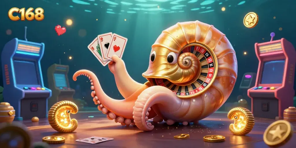 C168, a giant nautilus creature showcases a roulette wheel while holding cards in a vibrant casino scene.
