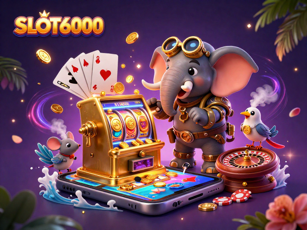 Experience winning moments at SLOT6000 with a dynamic steampunk elephant and golden slot machine surrounded by colorful game elements.