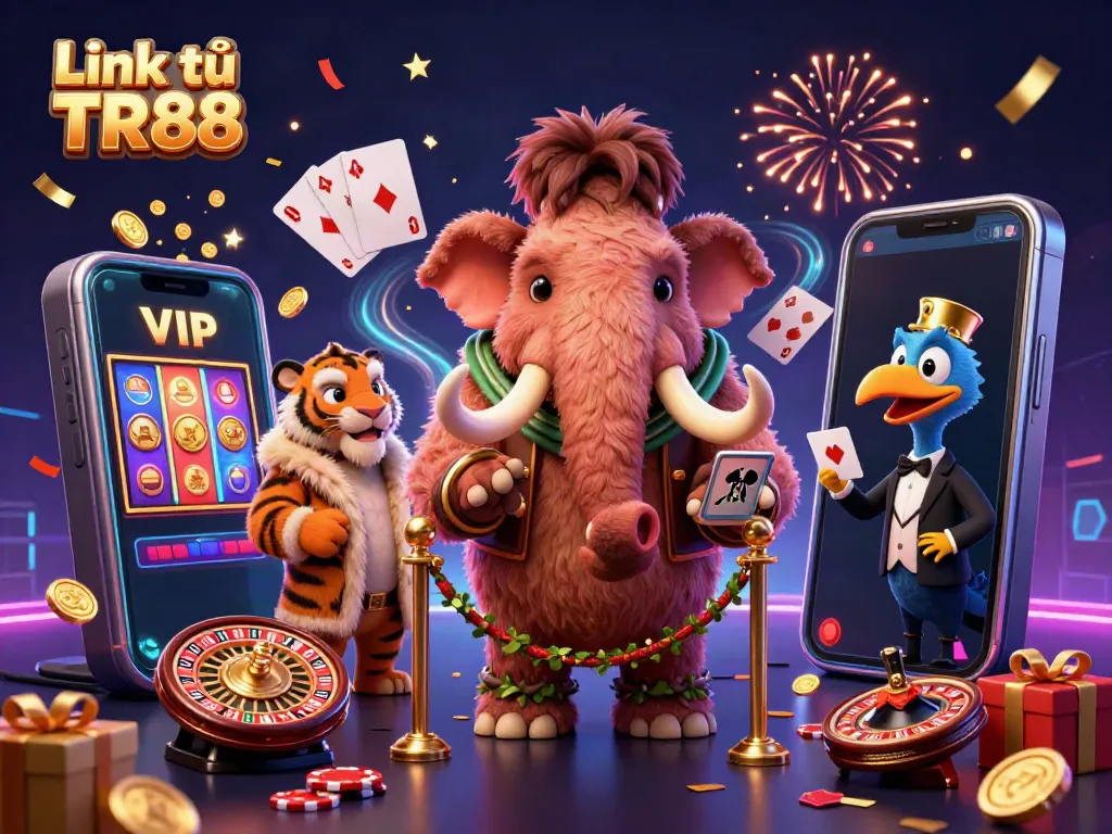 Experience winning thrills with Link từ TR88 at this vibrant 3D casino scene showcasing a woolly mammoth, saber-tooth tiger, and dodo bird.