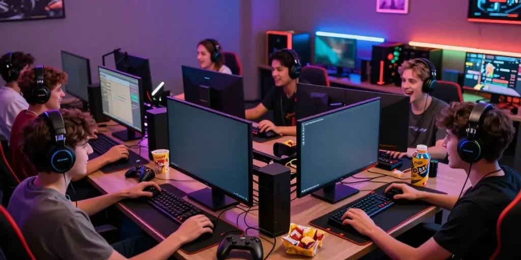 Kilat404 gaming enthusiasts engaged in thrilling gameplay, showcasing a vibrant and social gaming environment.