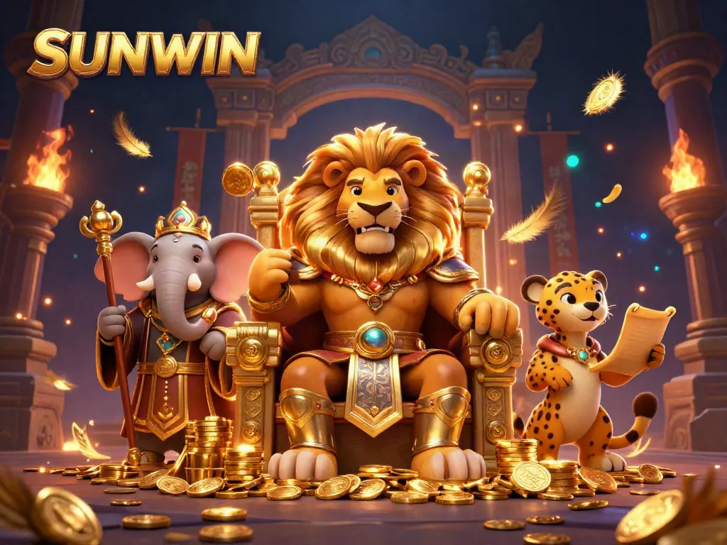 Engage with SUNWIN, the premier online gaming platform, featuring a lion king on a throne of gold coins amidst vibrant casino elements.