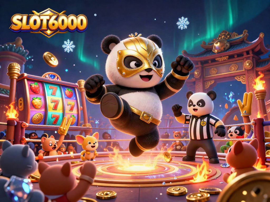 Experience thrilling gameplay with SLOT6000 in a vibrant 3D wrestling casino scene.
