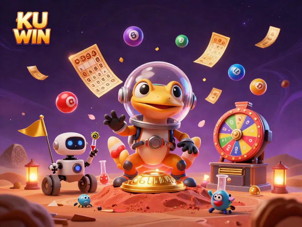 Engage with the vibrant world of KU WIN as the Martian gecko discovers a golden casino on Mars, surrounded by dynamic lottery elements.