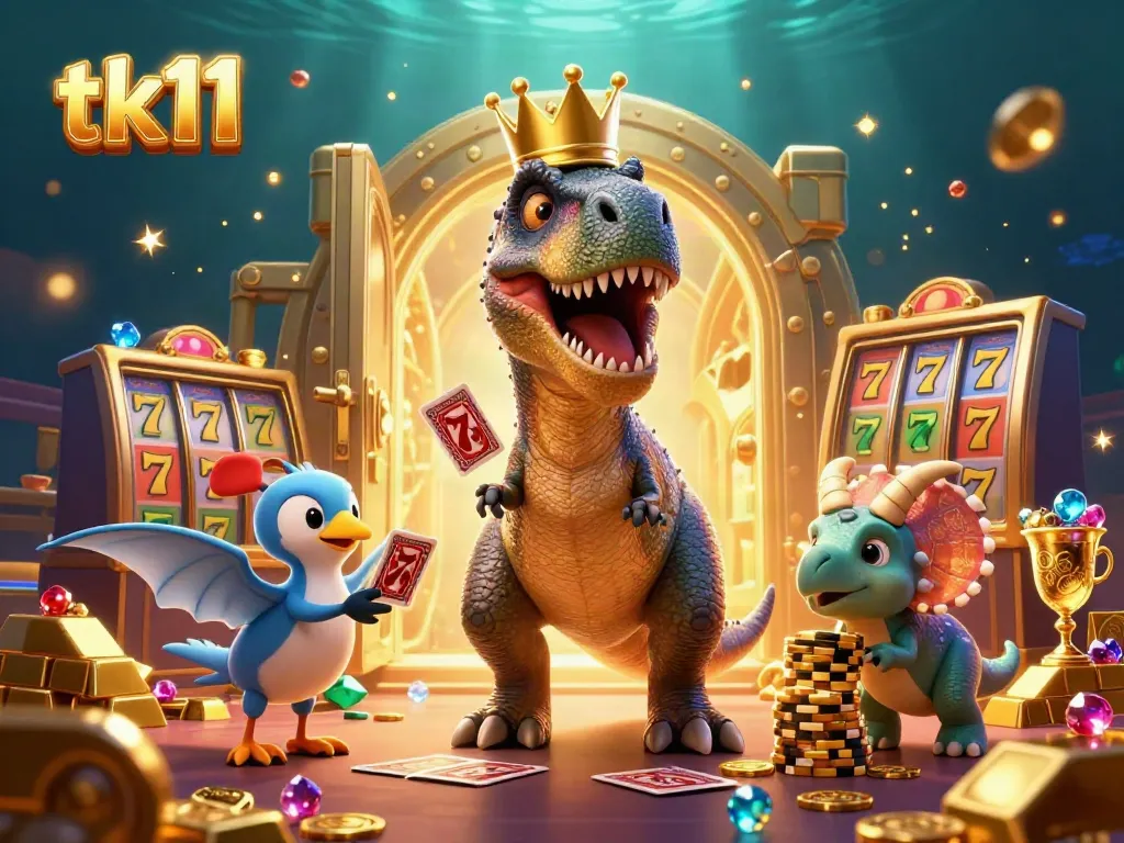 Engage in the thrilling tk11 casino experience with a cartoon T-Rex shuffling cards in a vibrant treasure scene.
