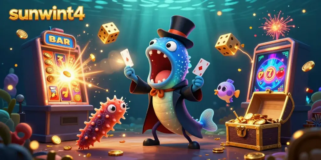 Experience the vibrant energy of sunwint4 with magical characters and a dynamic casino scene.