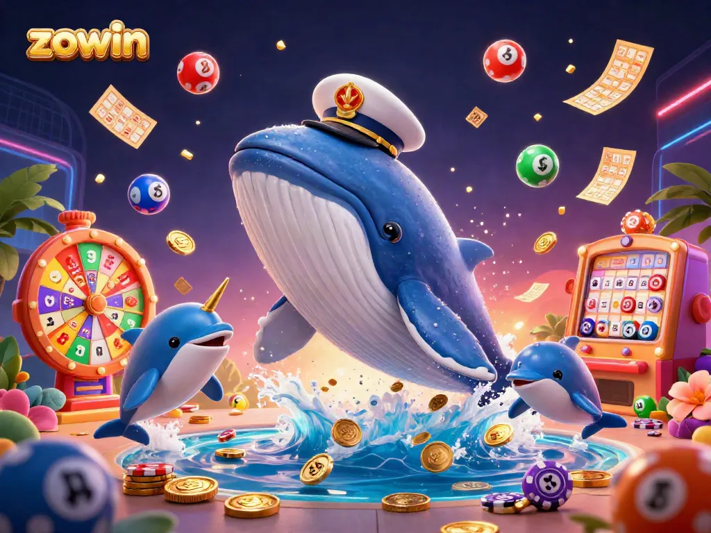 Zowin offers vibrant gaming excitement with a 3D scene featuring playful dolphins, a whale, and lottery balls.