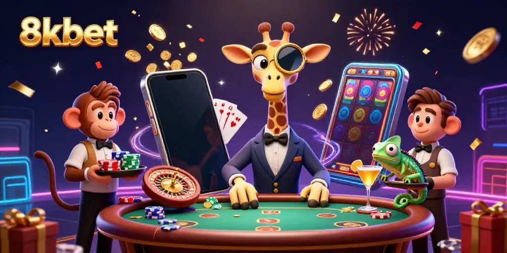 Experience thrilling gameplay and excitement with 8xbet in a vibrant casino illustration.