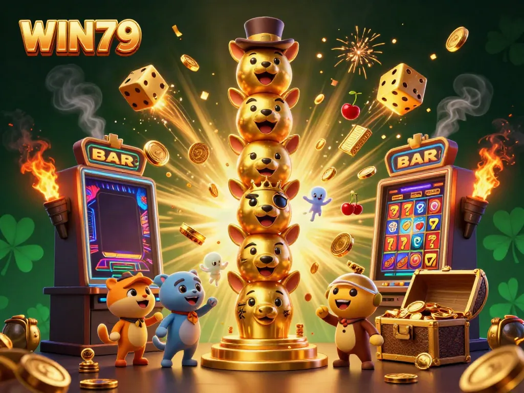 Experience the thrilling WIN79 gaming atmosphere with a dynamic totem and large slot machine.