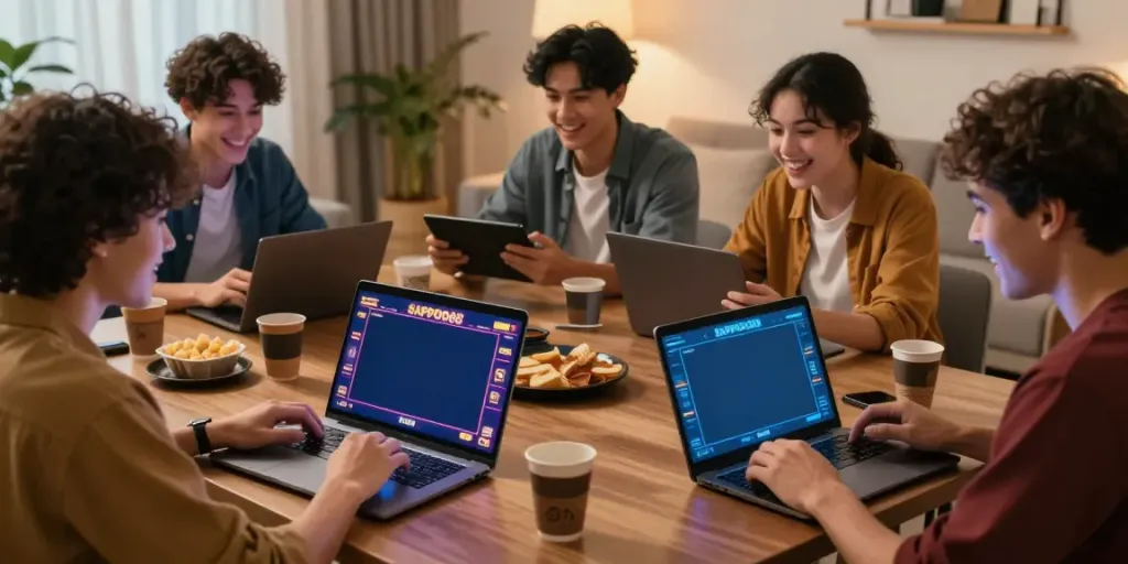 Exciting online gaming with friends using sapporo88 link on various devices in a cozy living room setting.