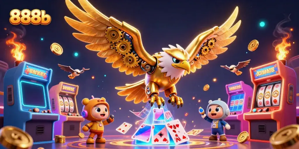Engage with 888b's vibrant casino experience featuring a cybernetic eagle surrounded by holographic games.