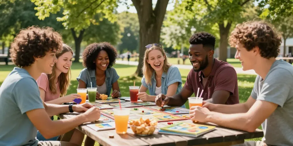 Outdoor gaming gathering with friends enjoying kayu77 tabletop games in a sunny park.