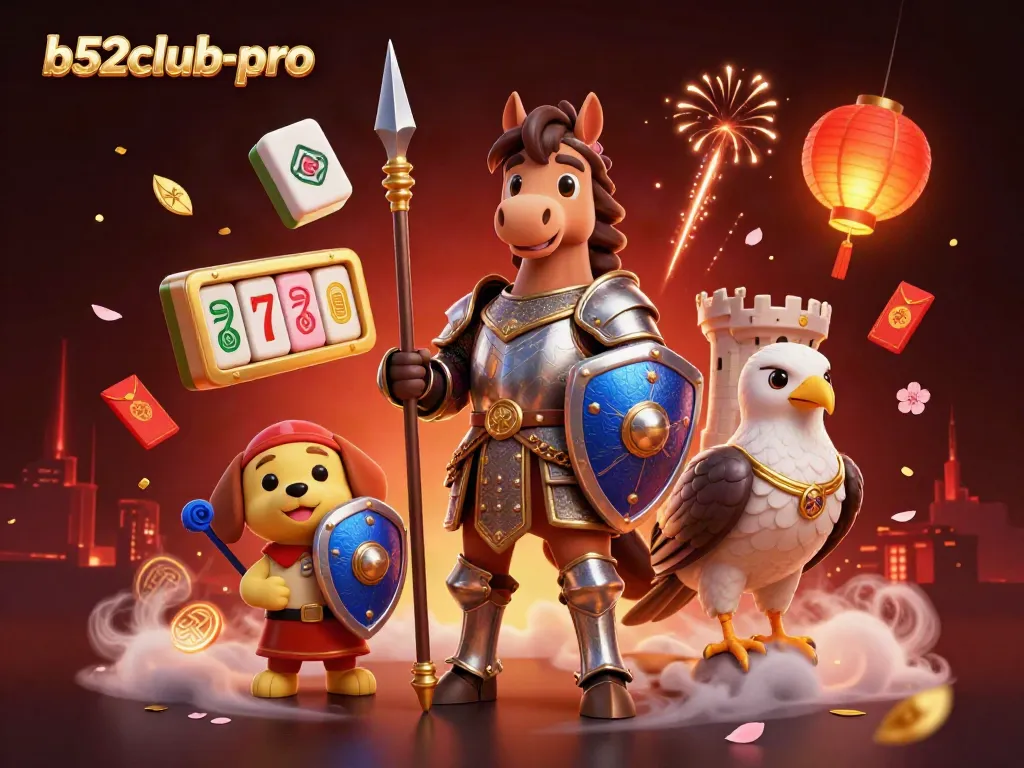 B52club-pro showcases an animated medieval knight and companions celebrating winning slots amidst festive decorations.