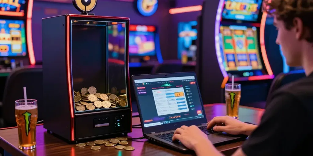 Engaging user celebrating a win on slot gacor hari ini, surrounded by colorful graphics and gaming accessories.