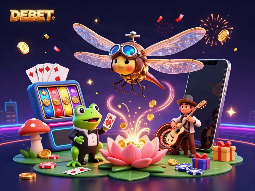 Engage in thrilling casino action with DEBET in this dynamic 3D illustration of gambling excitement.