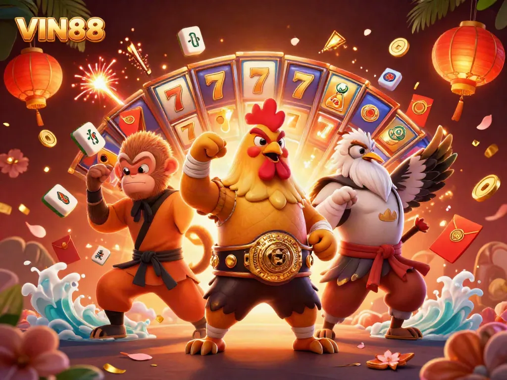 Experience excitement at VIN88 with a vibrant casino-themed illustration featuring engaging characters and lucky elements.
