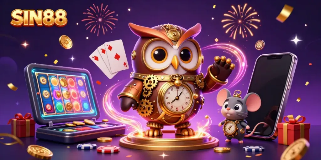 Engage with the vibrant world of SIN88, where a steampunk owl and clockwork mouse explore the thrills of online gaming.