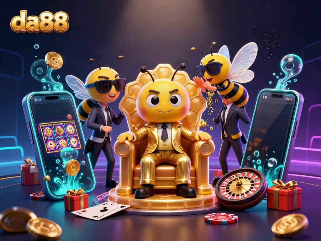 Experience thrilling games at da88 with a buzzing bumblebee mob boss surrounded by rich casino elements.