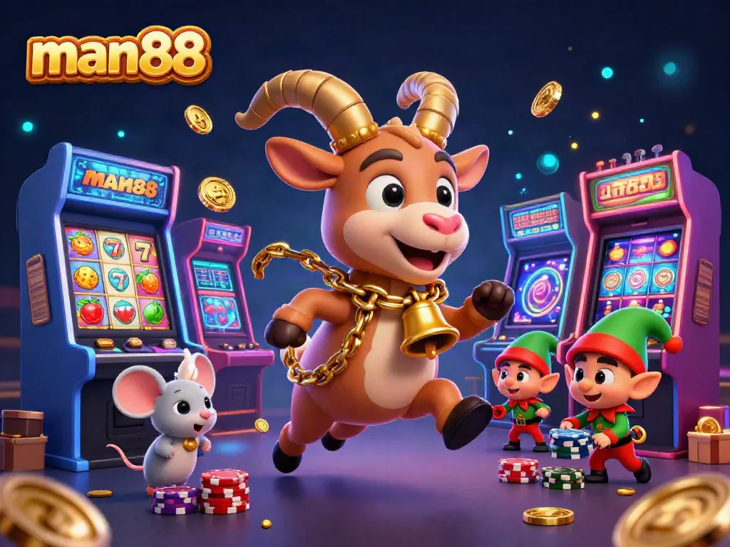 Experience excitement at man88 with mischievous gremlins stealing poker chips in a festive casino scene.