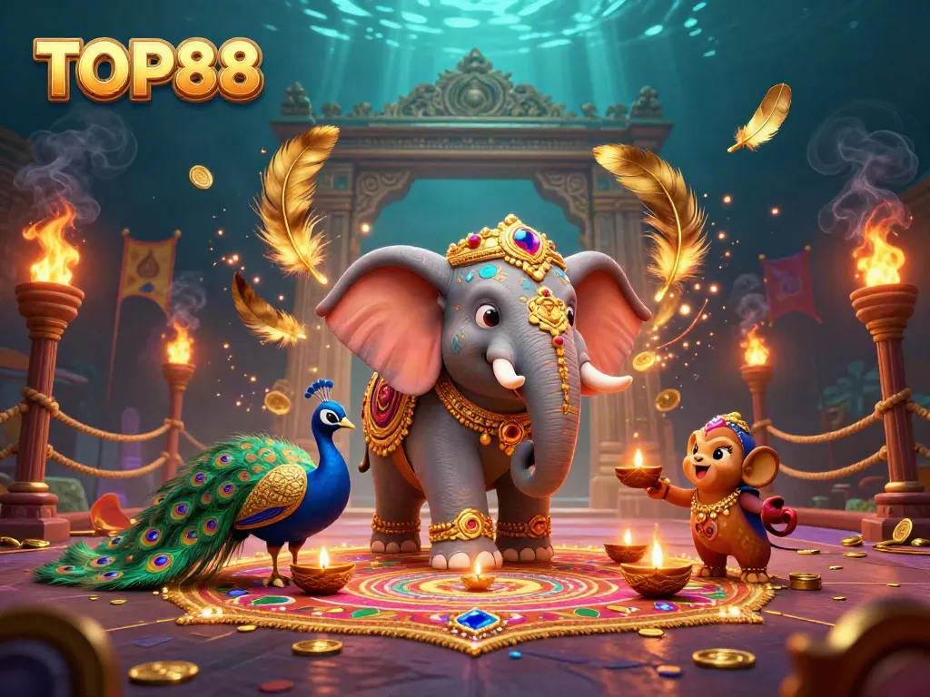 Engage in the colorful world of TOP88 with vibrant casino elements and lively characters.