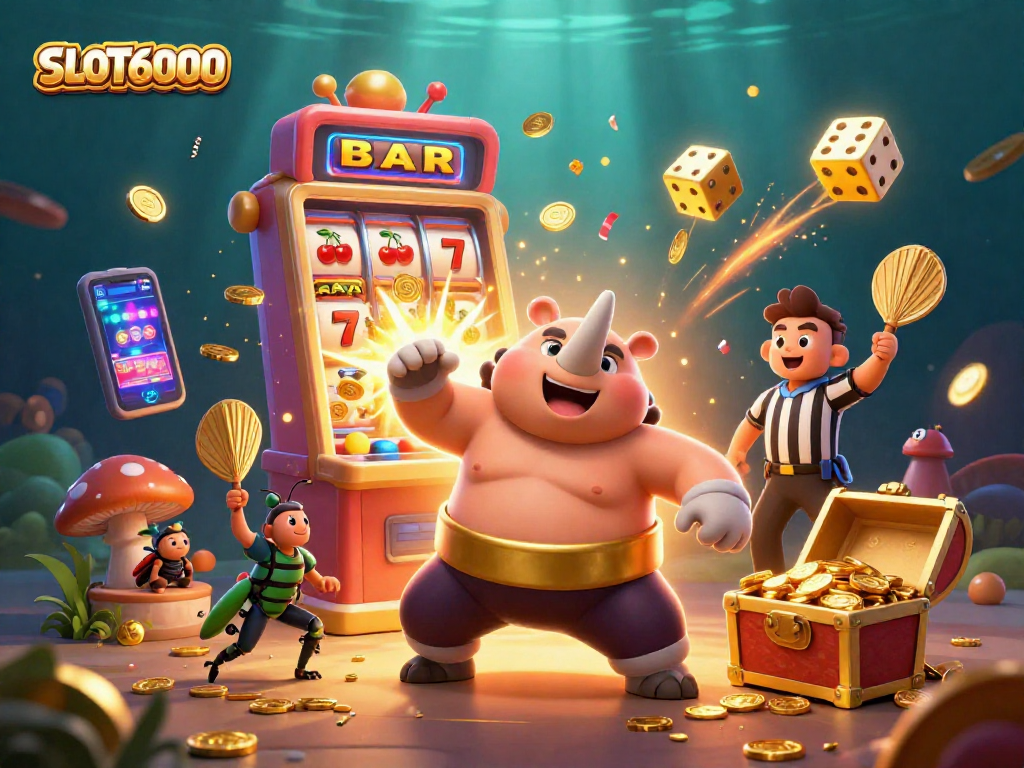 Experience excitement with SLOT6000 featuring a powerful rhinoceros beetle champion and colorful casino elements.